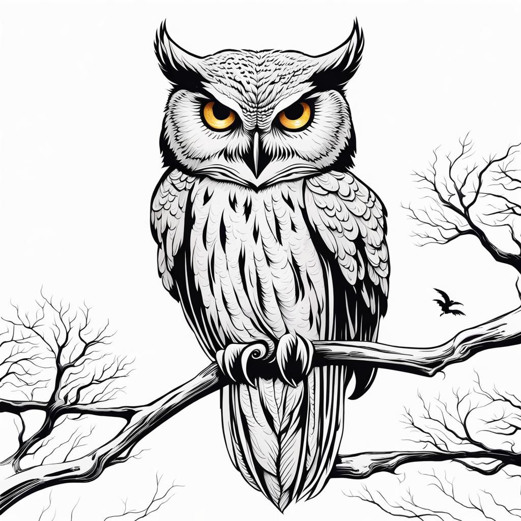 A wise owl perches with its head turned in front of a moon,  pro vector illustration, death themed, watercolor ink, stor...