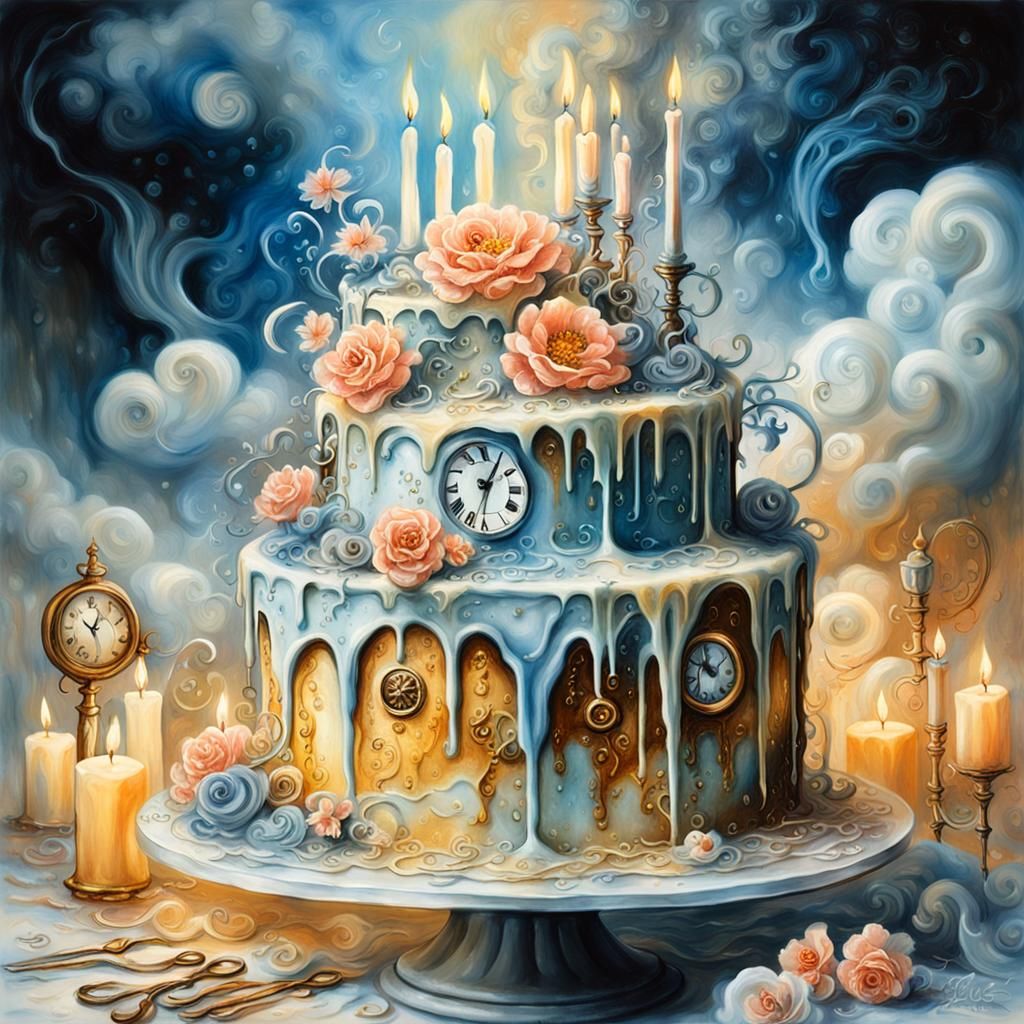 Surreal Birthday Cake Dreamscape as Oil Painting