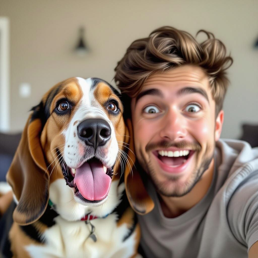 Surprised Guy Photobombed by Goofy Basset Hound Selfie
