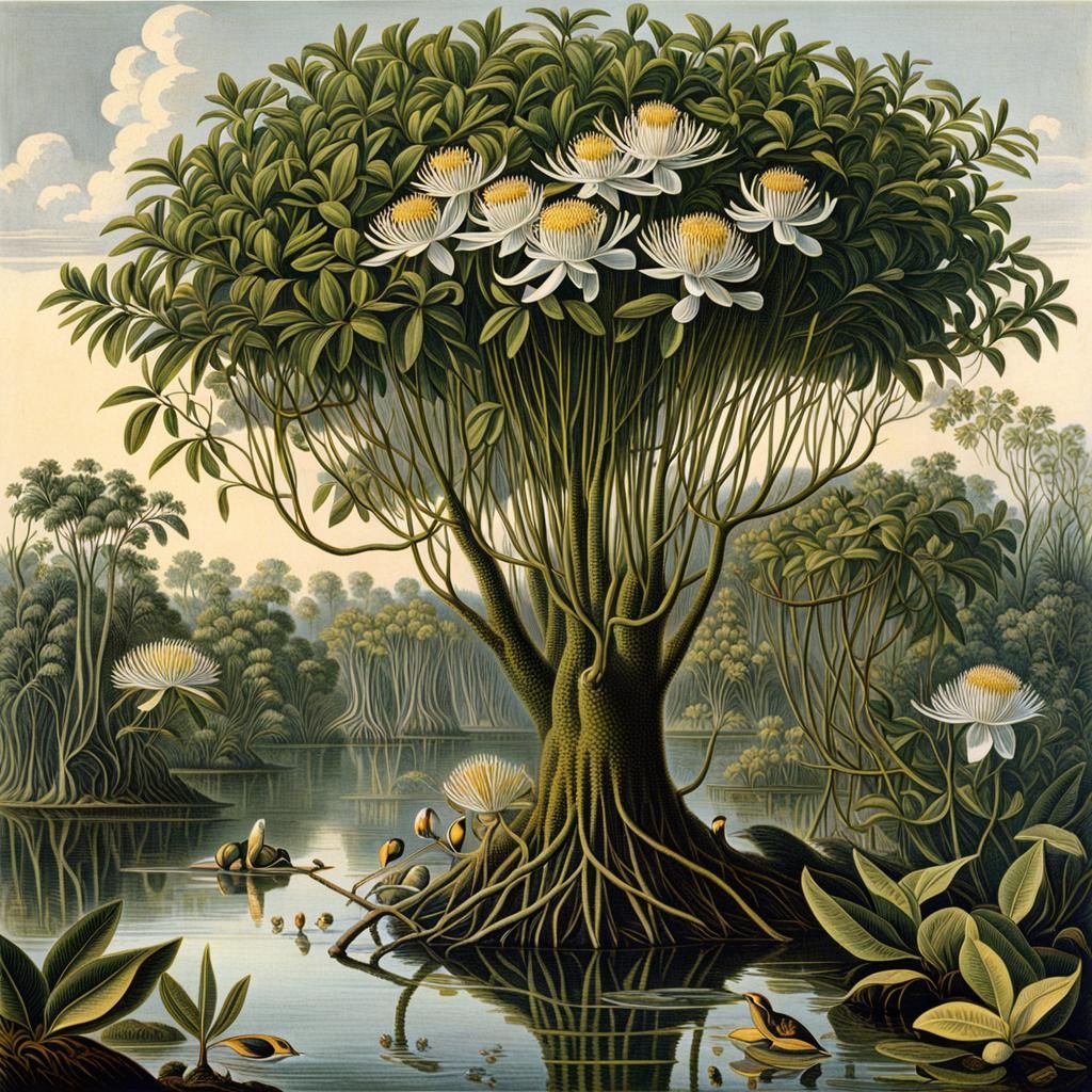 Botanical Illustration of a Flowering Mangrove