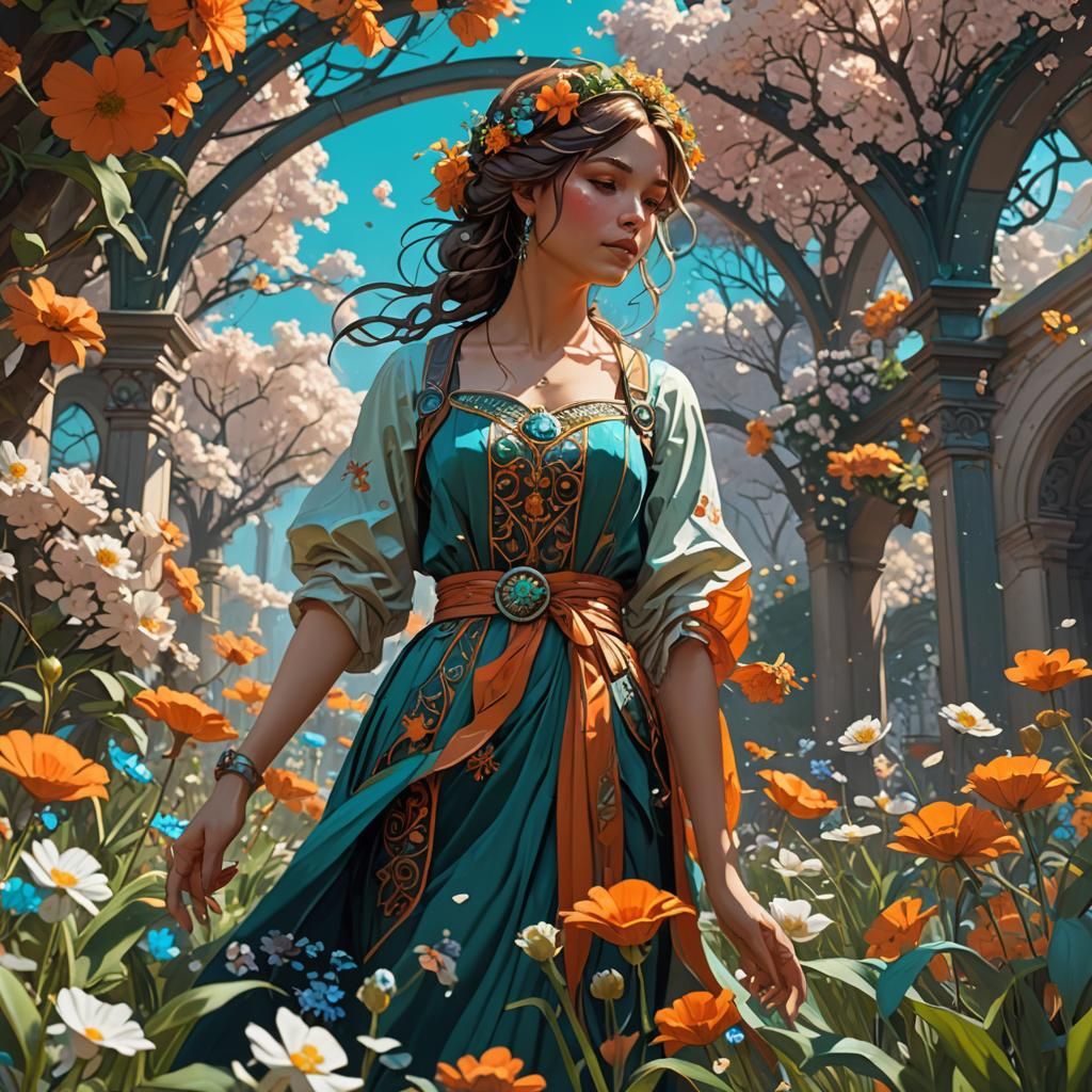 Blossoming Spring Garden Flower Picking: Digital Art