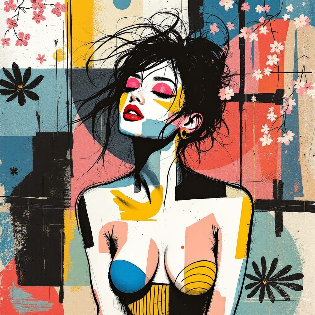 Vibrant Spring Fusion: Gestural Ink Lines and Colorful Chaos