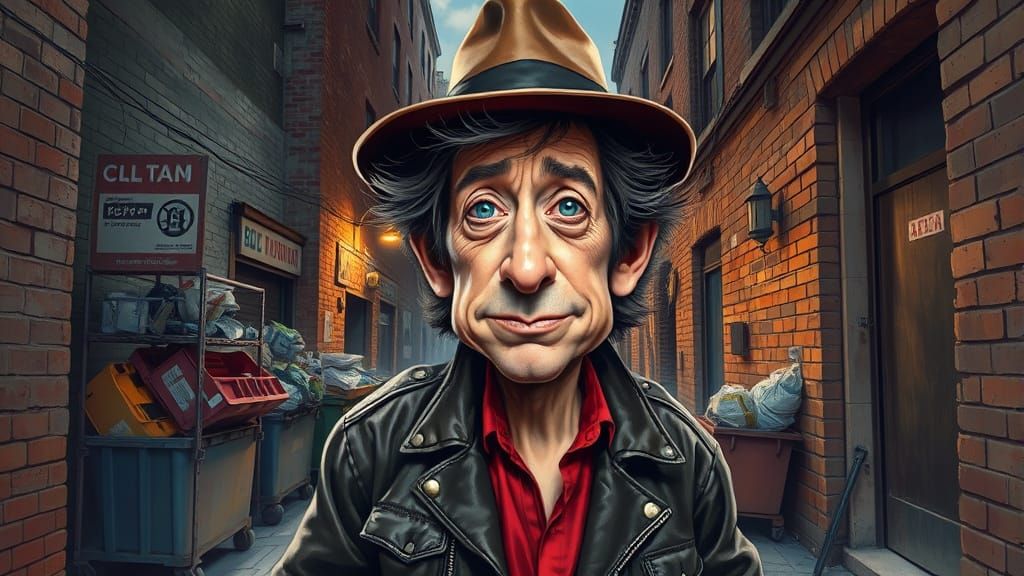 Gritty Urban Bob Dylan Caricature in Hyper-Realistic Style