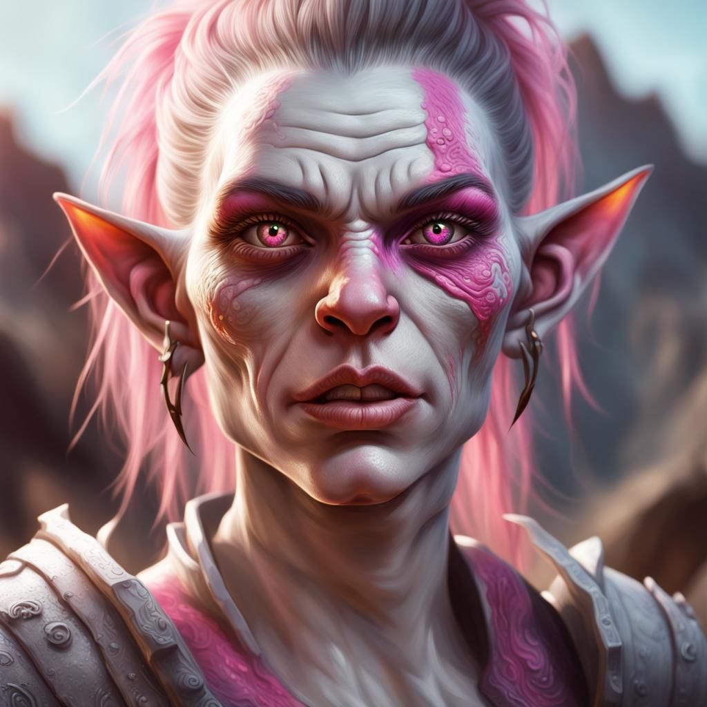 Hyperrealistic Portrait of a Pink-Eyed Female Half-Orc