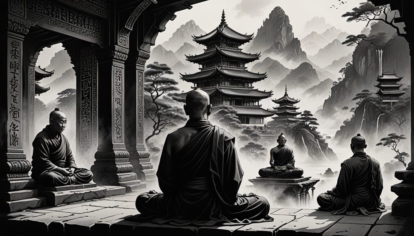 Buddhist Monastery in Charcoal and Ink
