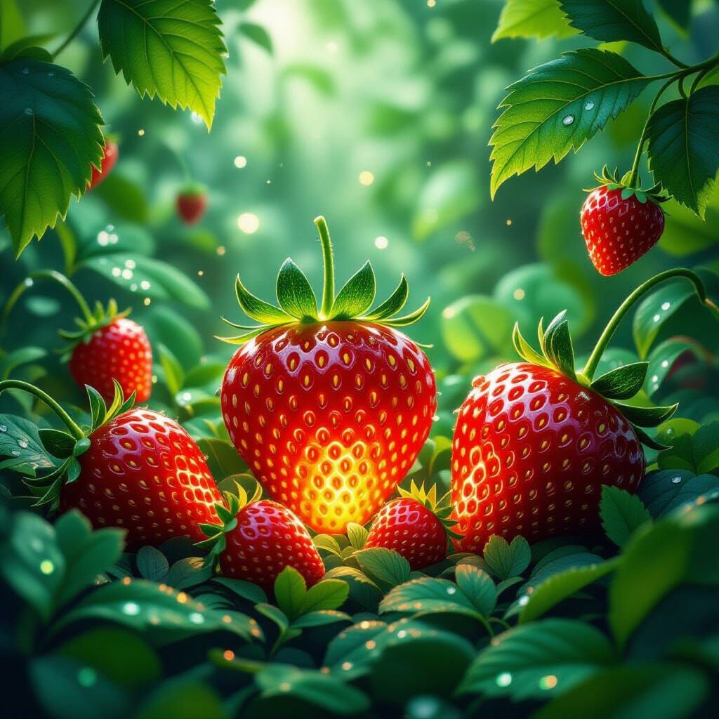 Giant Glowing Strawberries in a Magical Dreamscape