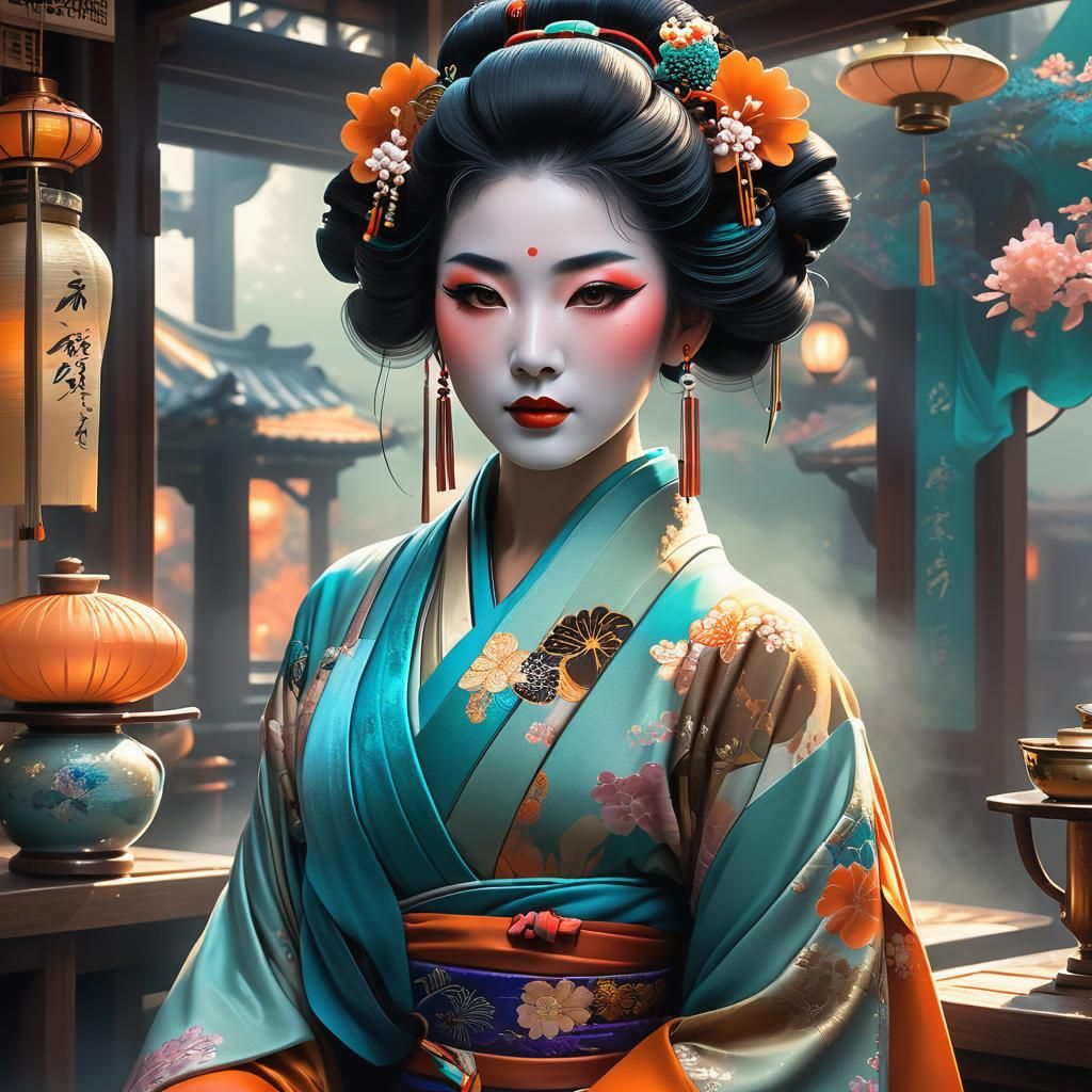 Ethereal Geisha Portrait with Dynamic Lighting
