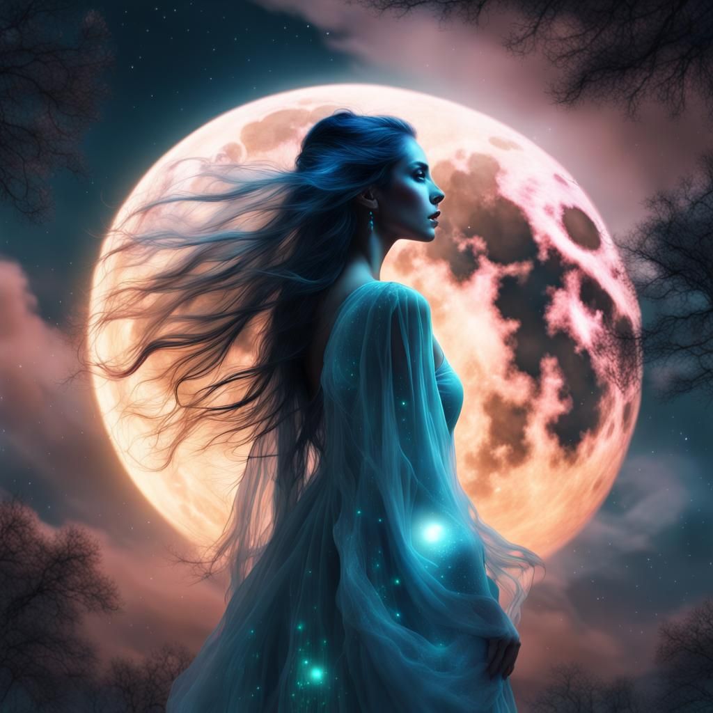 Ethereal Ghost Gazing at Bioluminescent Moon