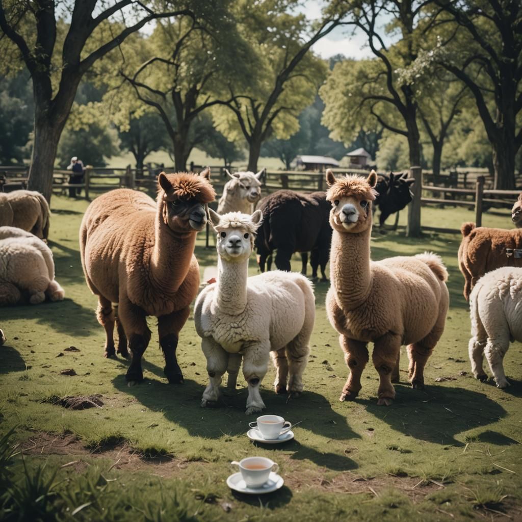 Cinematic Tea Party with Fluffy Alpacas and Cows