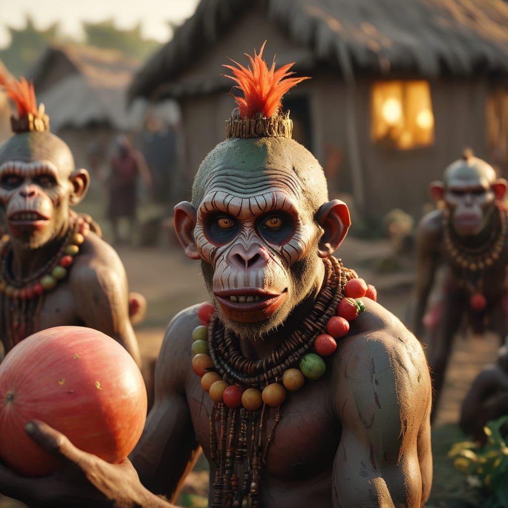 Hyper-Realistic Zombie Clown Amidst African Tribal Village