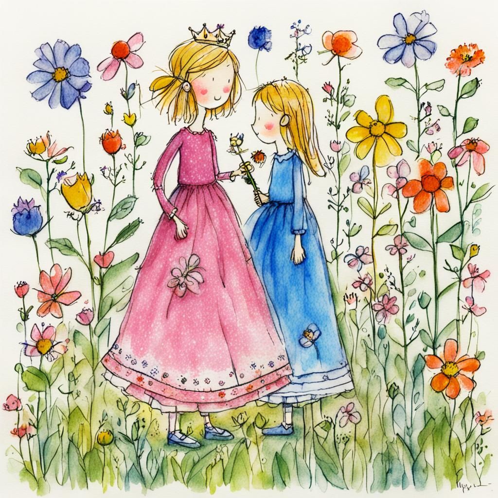 Princess Receives Flowers: Crayon-Style Sketch