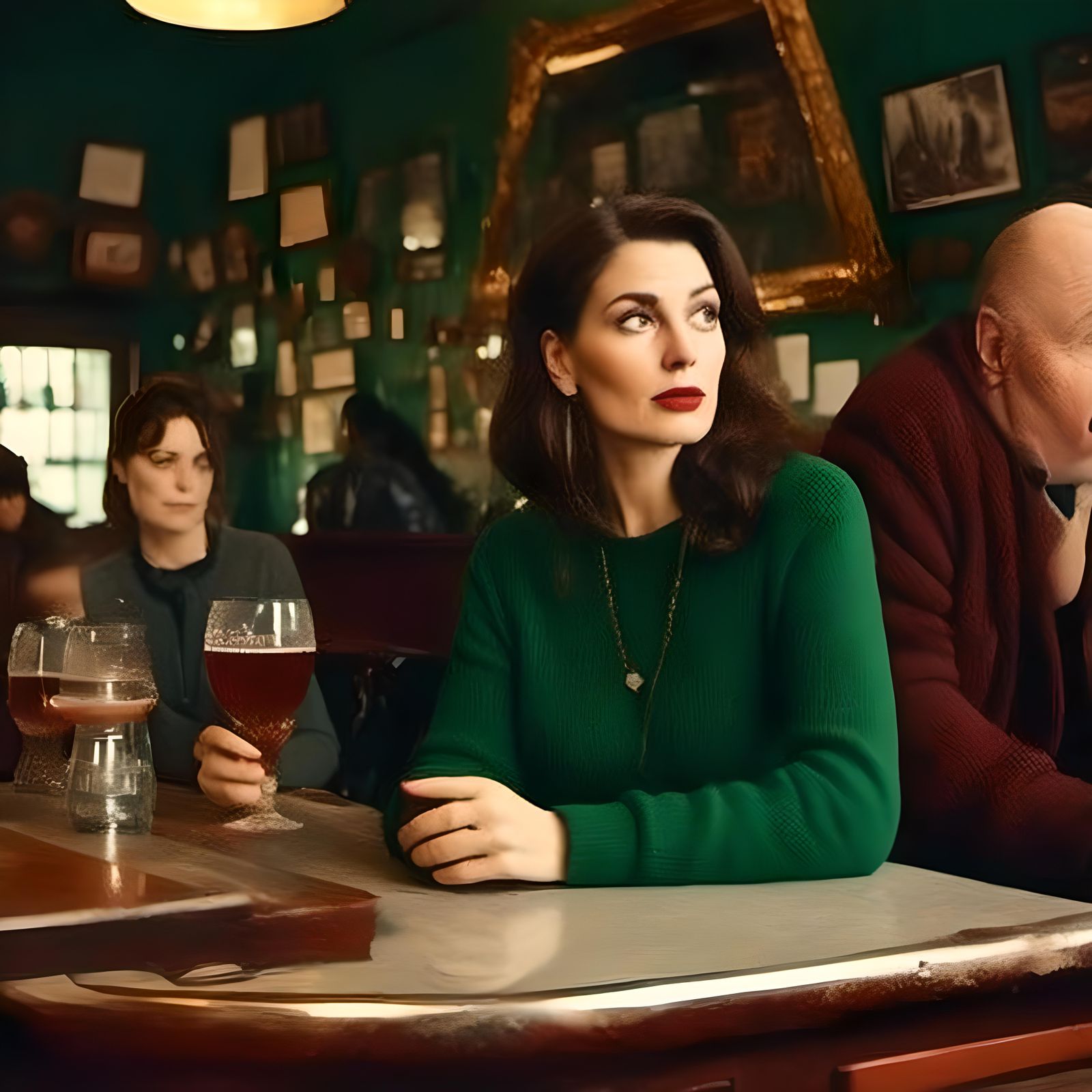 Vibrant Woman at Historic Bar in Hyperrealistic Photo