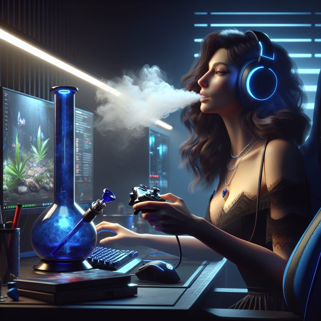 Gamer Girl in Dark Room with Blue Gaming Setup