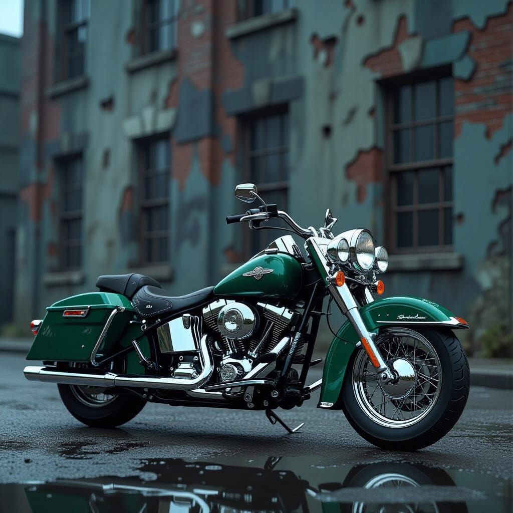 Vintage Motorcycle Amid Dystopian Architecture