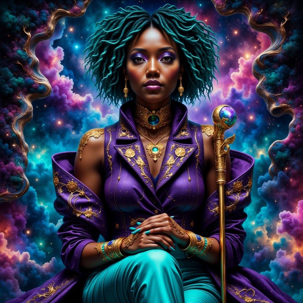 Androgynous Cosmic Aristocrat in Opulent Holographic Attire