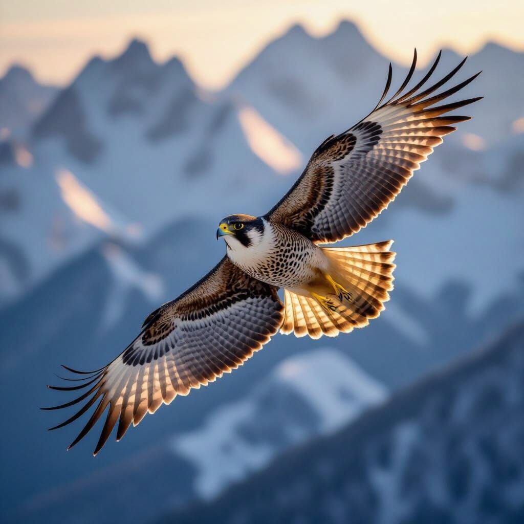 Falcon Soaring Above Snowy Peaks in Golden Light