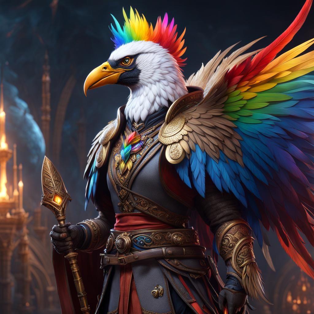Rainbow Feathered Aarakocra Cleric in Detailed Painting