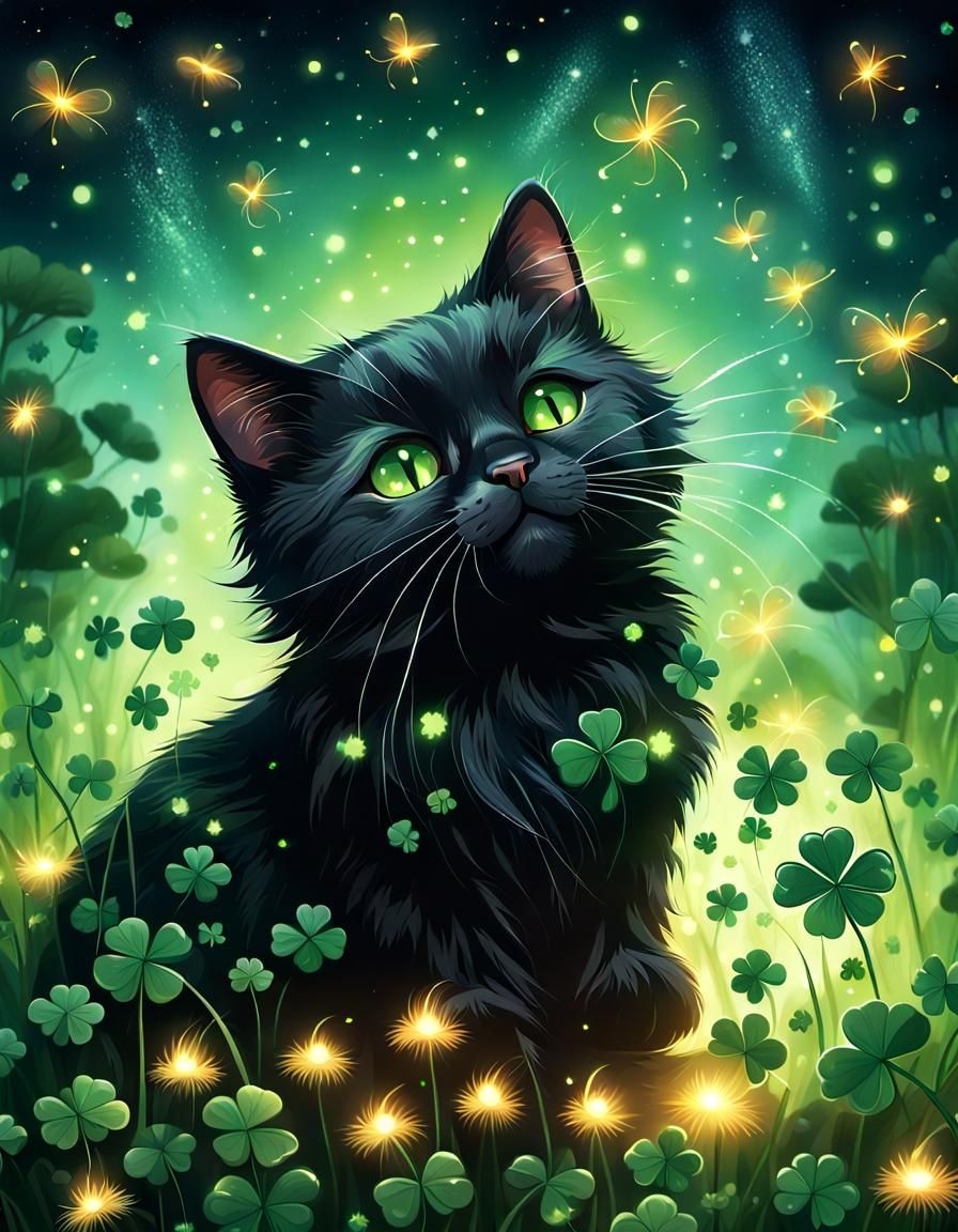 Black Cat and Clover in Firefly Night
