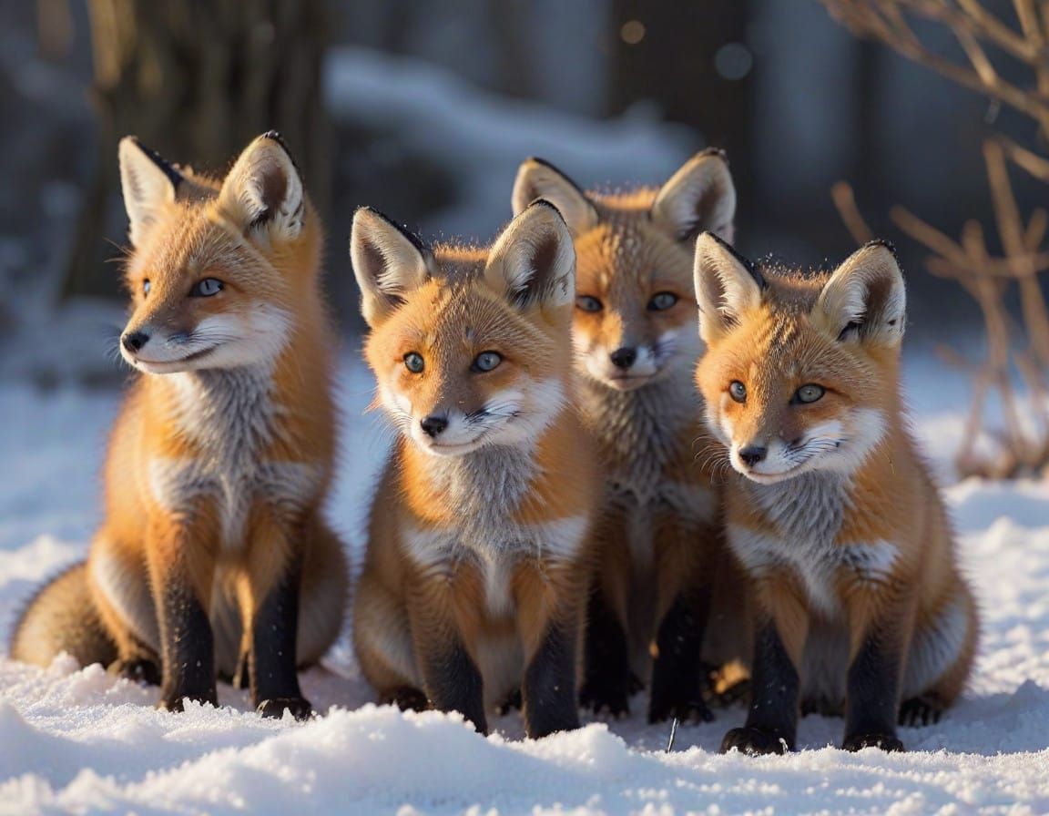 Four Adorable Fox Cubs Explore Snowy Wonderland at Dawn