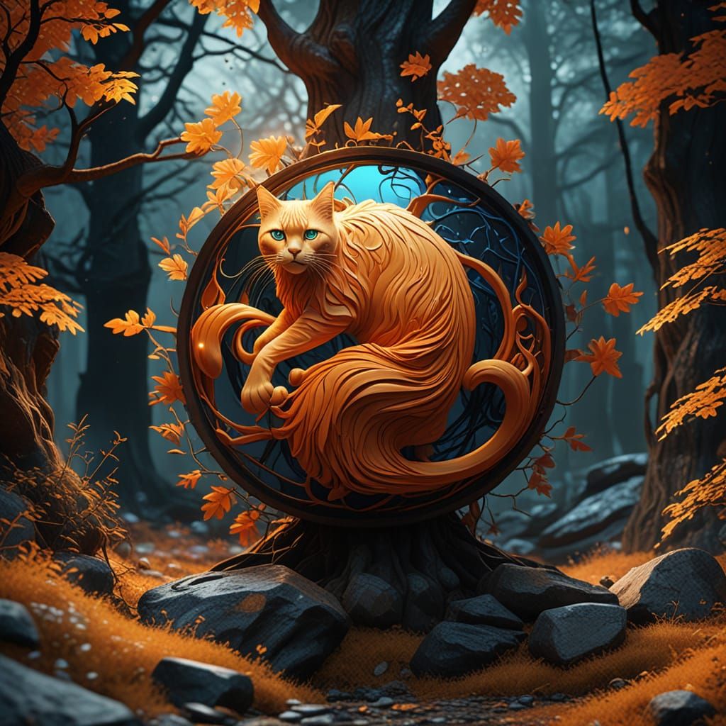 Whimsical Cat in Triadic Colors, Surrounded by Enchanted For...