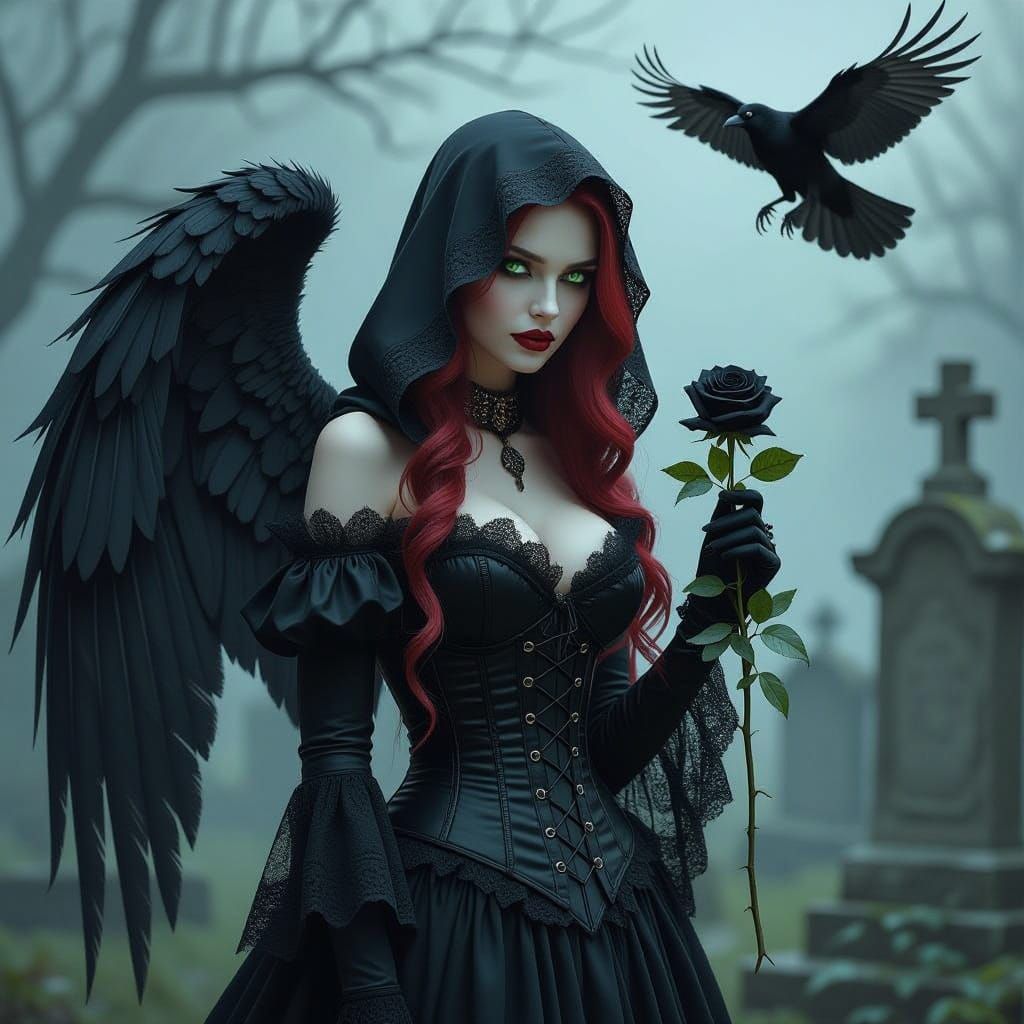 Gothic Angel in a Graveyard with Black Lace Wings and Rose