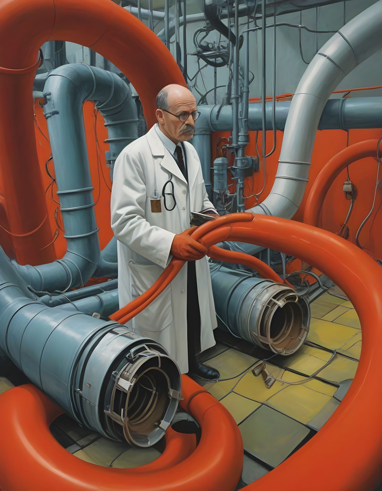 Surreal Laboratory Scene with Intricate Pipes and Cables