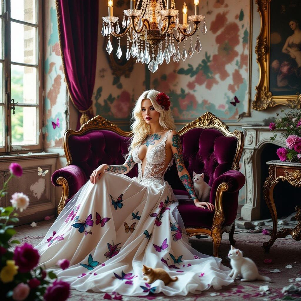 Beautiful platinum blonde woman covered in tattoos wearing s...