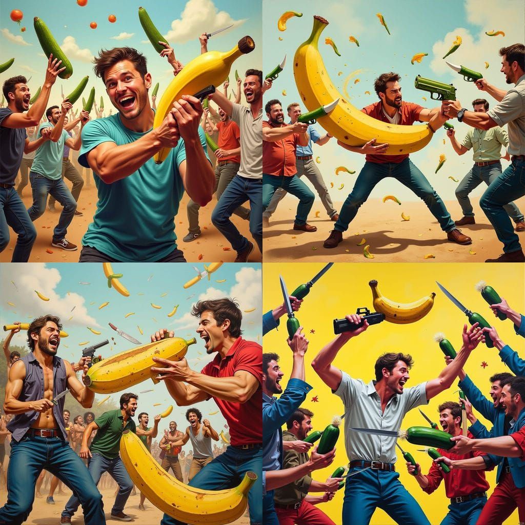 Humorous Food Fight in Acrylic Style