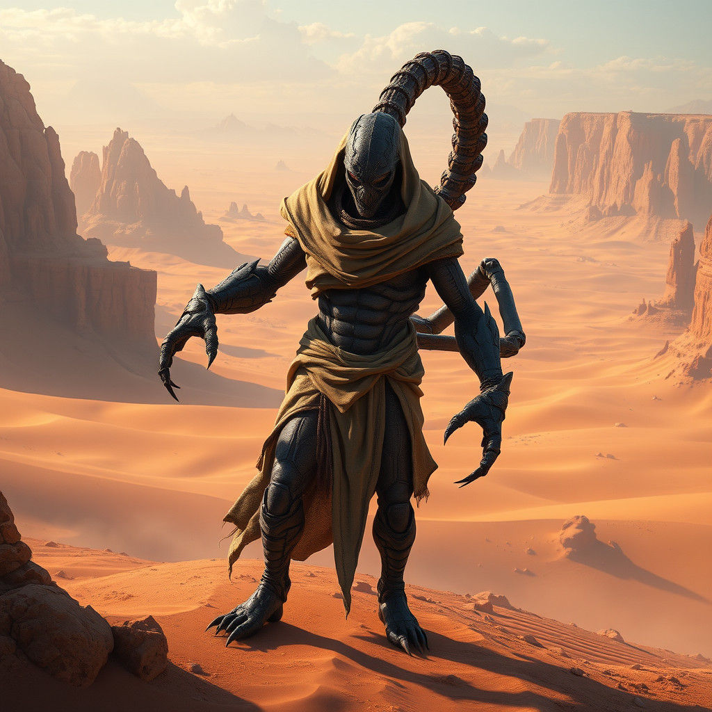 Scorpion-Human Hybrid in Arid Desert, Matte Painting