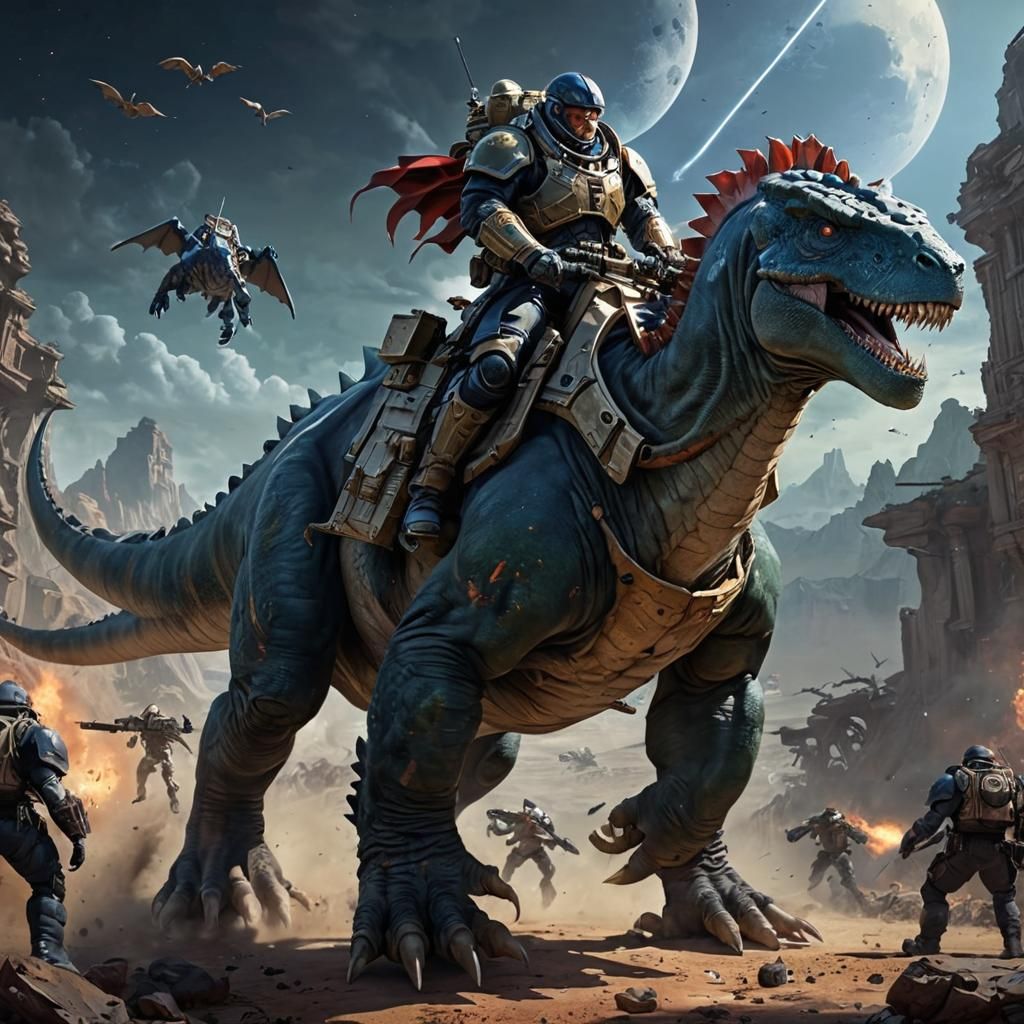 Cyberpunk Space Marine Astride a Majestic Dinosaur