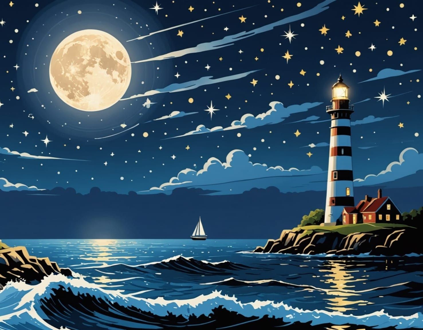 Ship Sails Under Starry Sky by Lighthouse