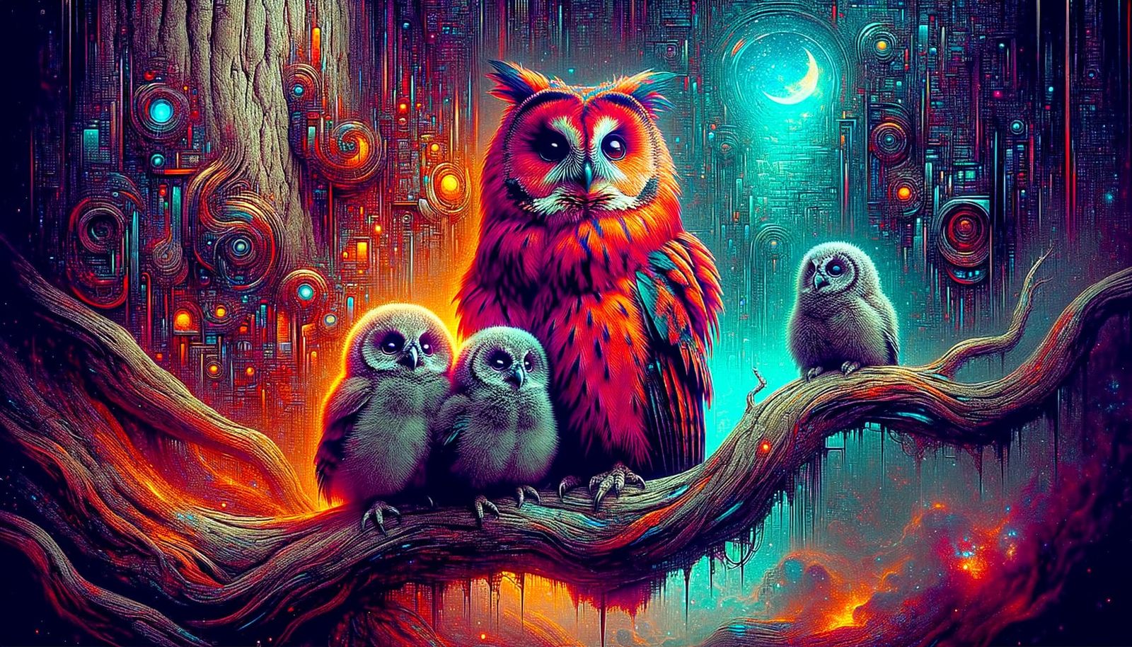 Scarlet Owl Family in Cyberpunk Fantasy Realm