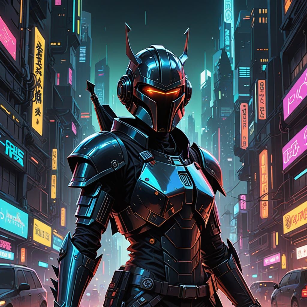 Cyberpunk Female Goblin in Star Wars Armor Stands Amidst Neo...