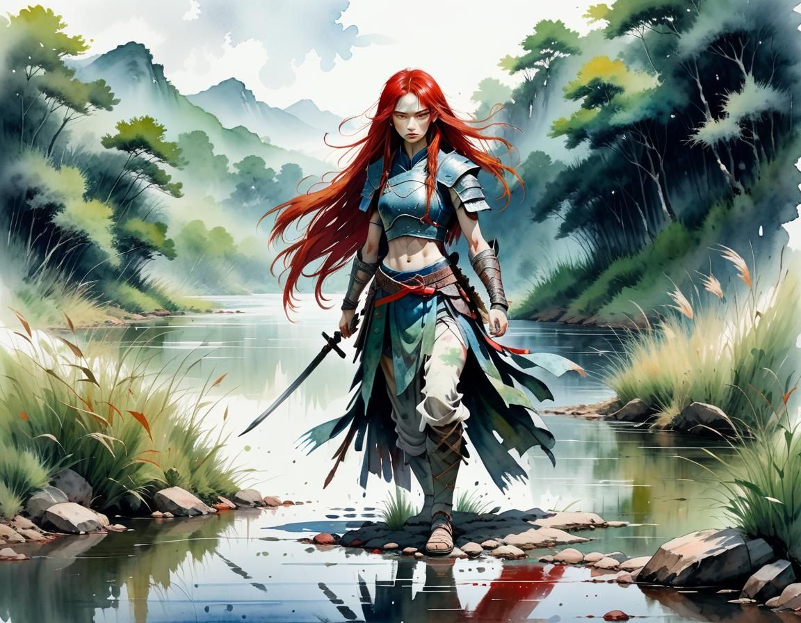 Warrior Woman on Riverbank in Chinese Painting Style