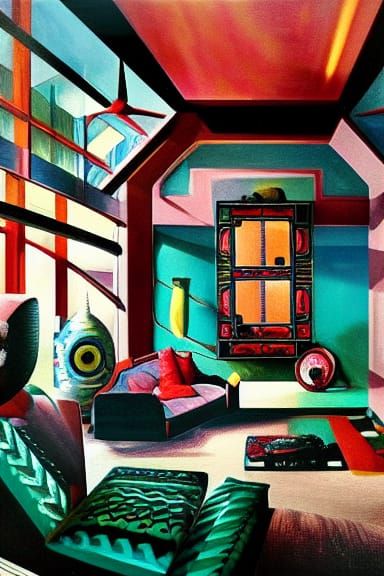 Surreal Living Room Painting in Ghibli Style