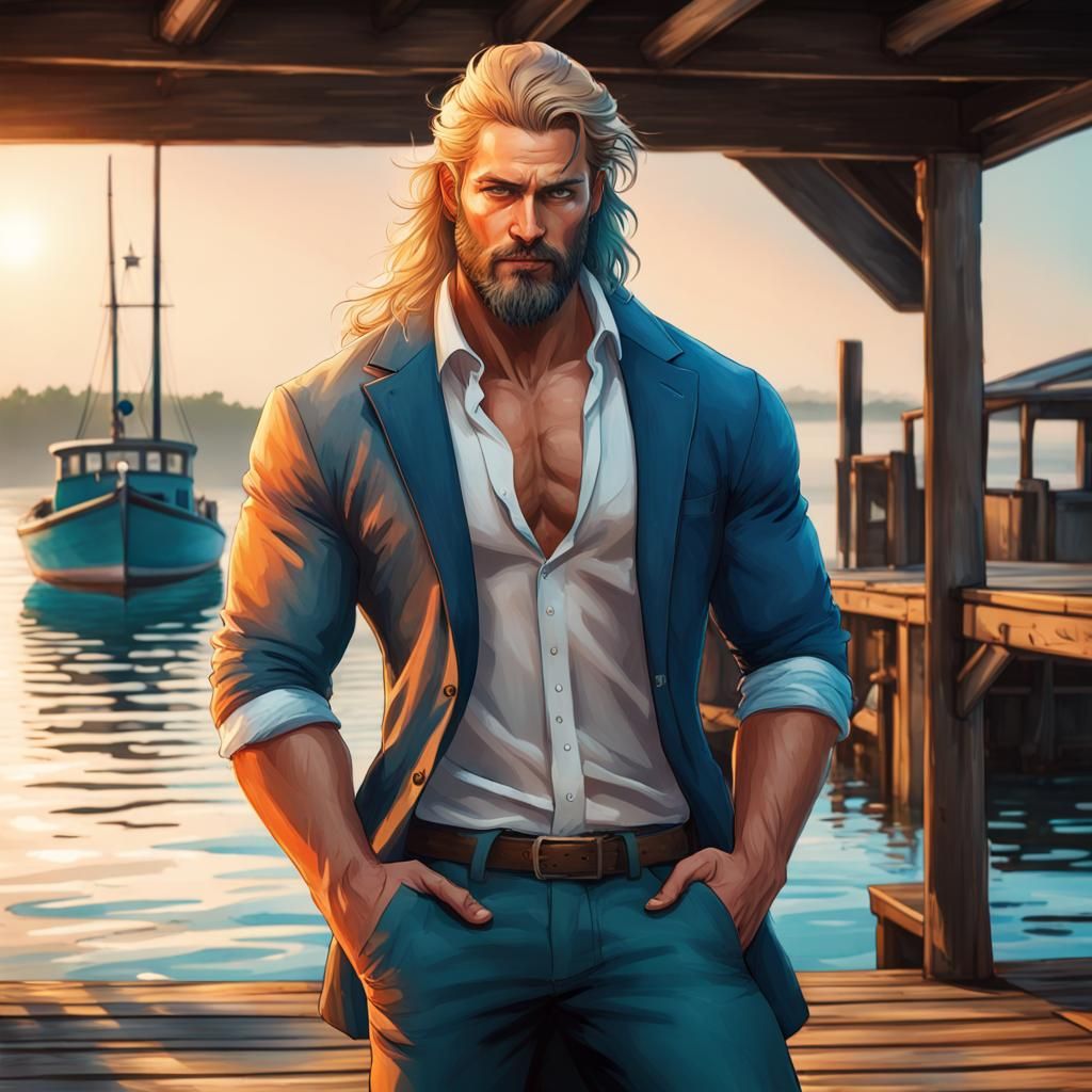 Muscular Man on Dock in Watercolor Style