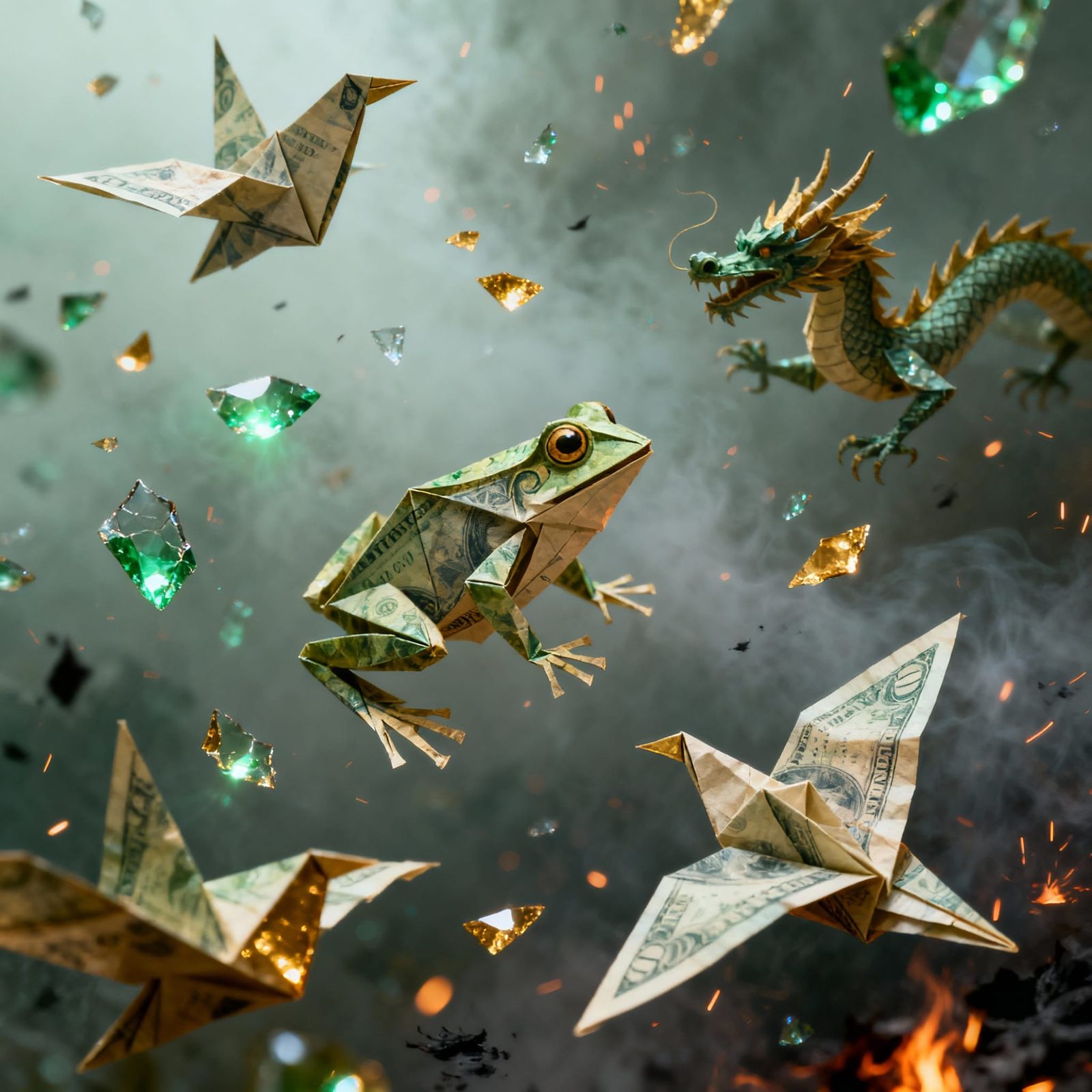 Origami Menagerie of Paper Money in Surreal Cinematic Style