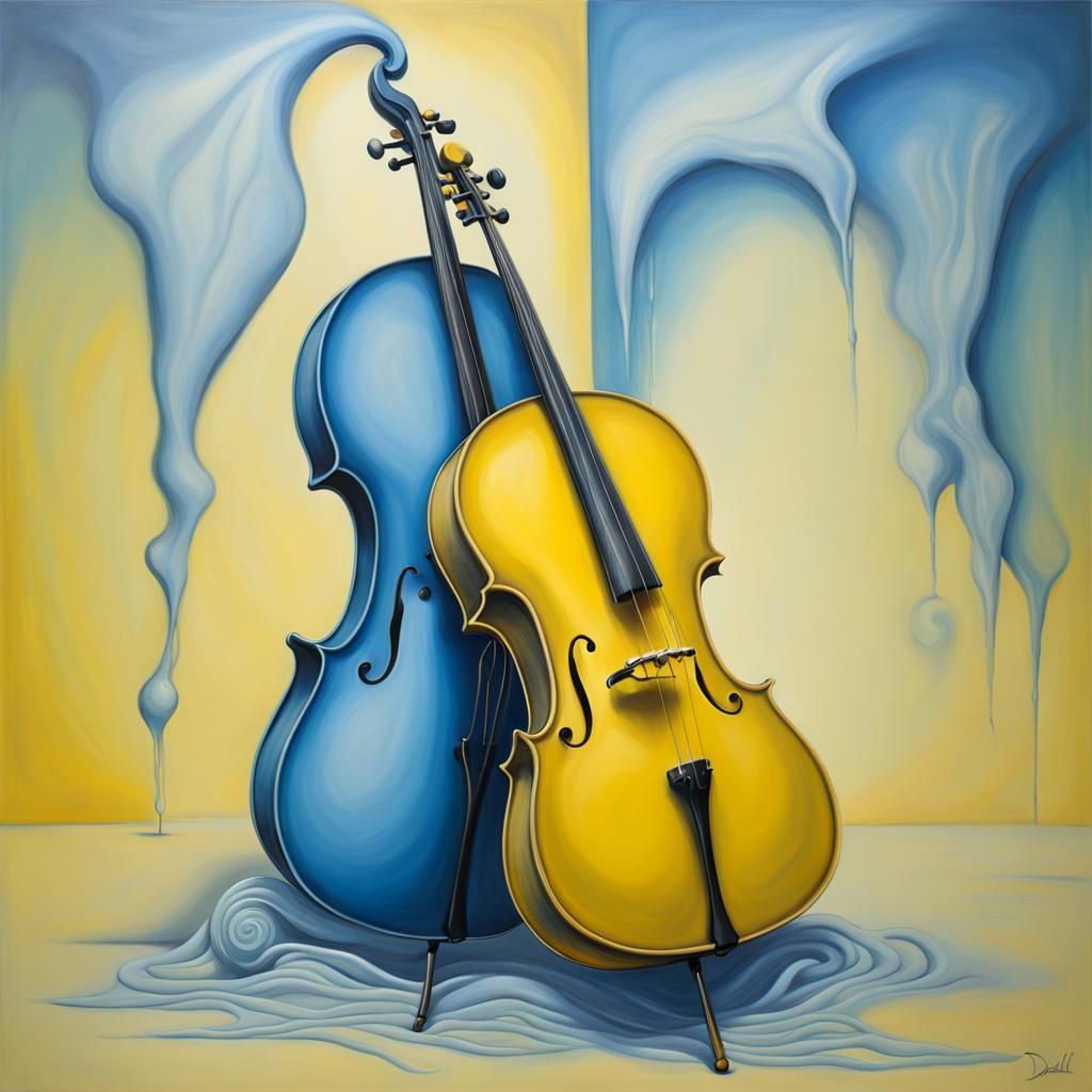 Surreal Cello in Yellow and Blue, Ethereal Pastel Art