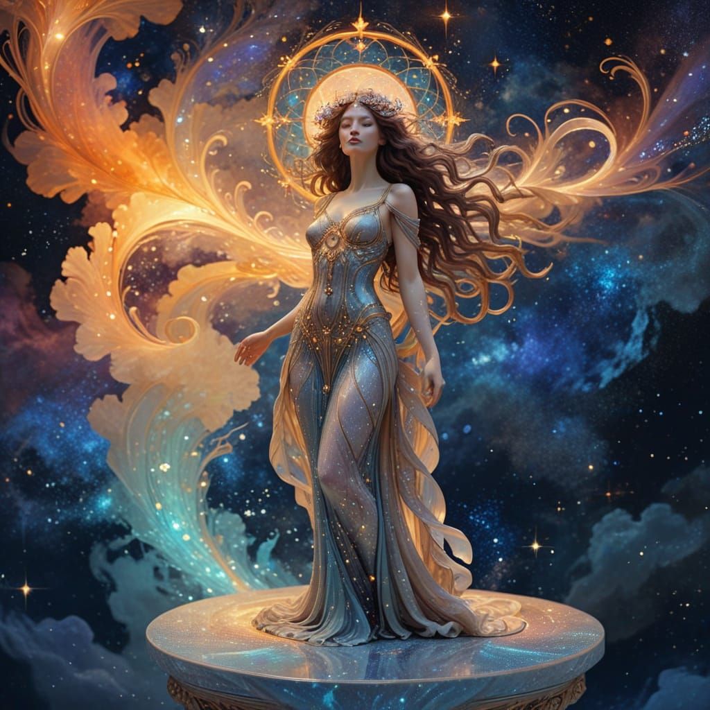 Regal Woman in Celestial Robes Overlooking Nebula