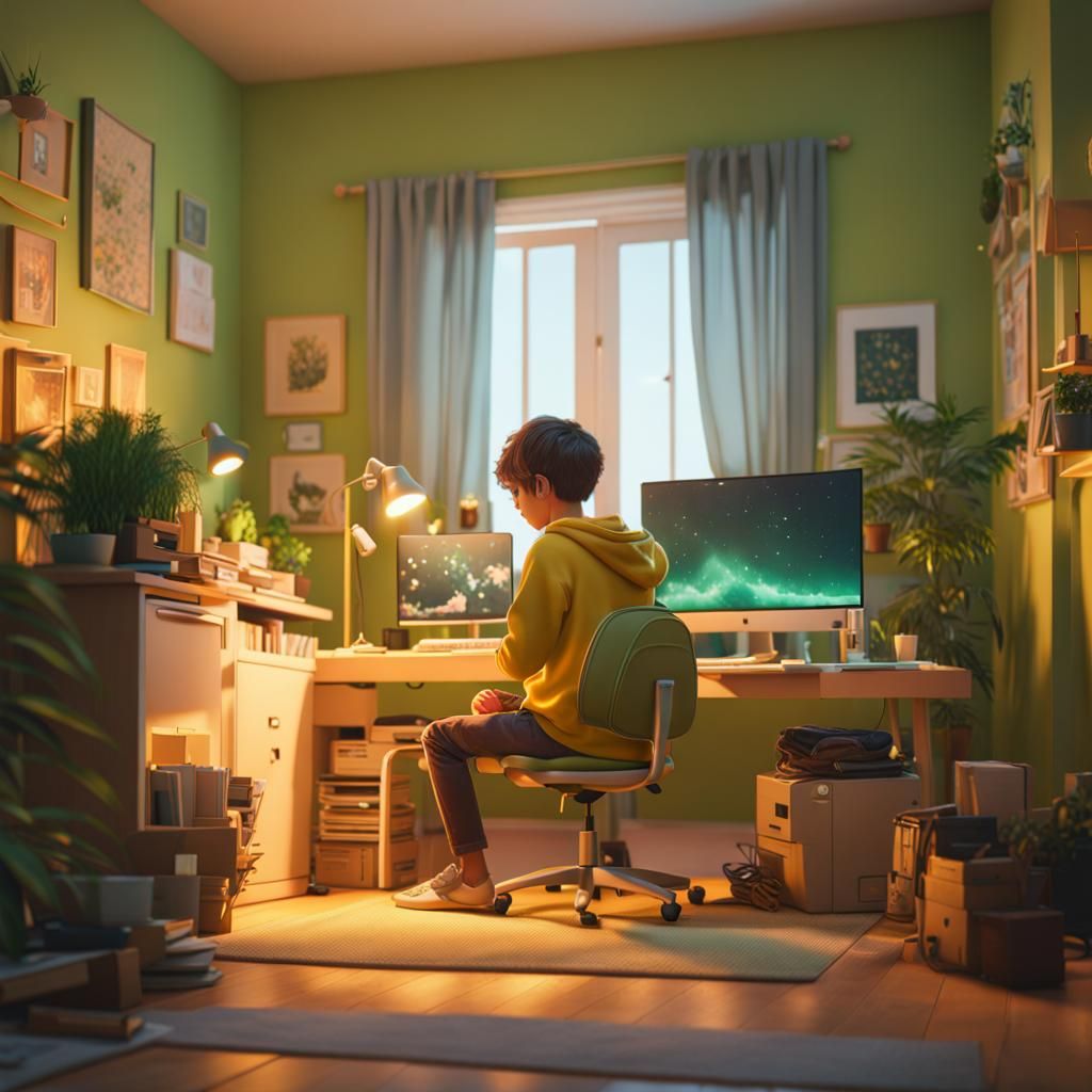 Lofi Boy in Cozy Room with Pastel Lighting