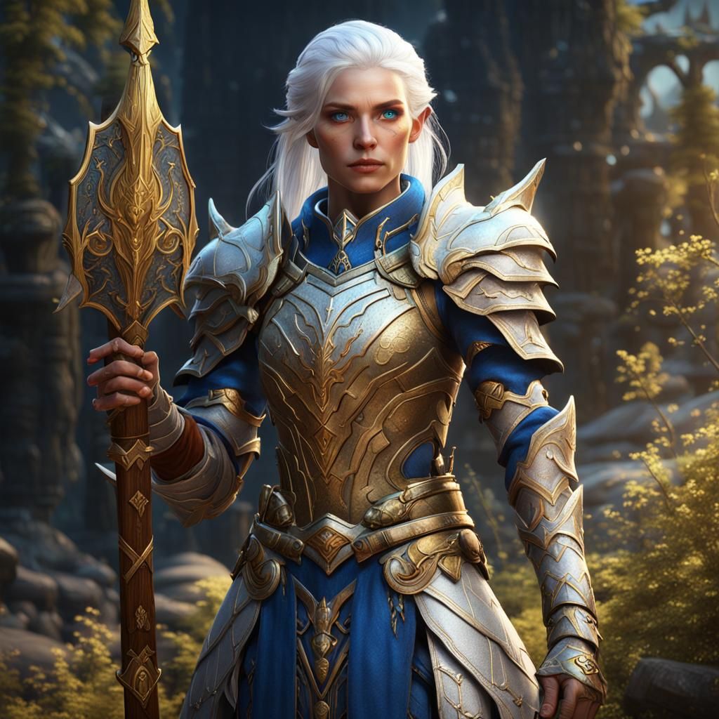 Wood Elf Cleric in Gold Armor, Fantasy Art