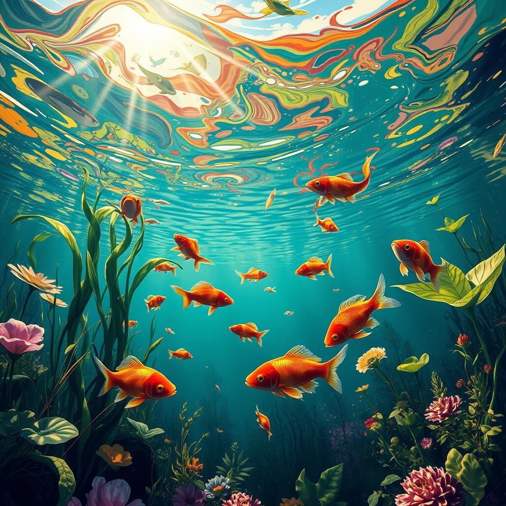 Underwater Pond Life in Vibrant Graffiti Art Style