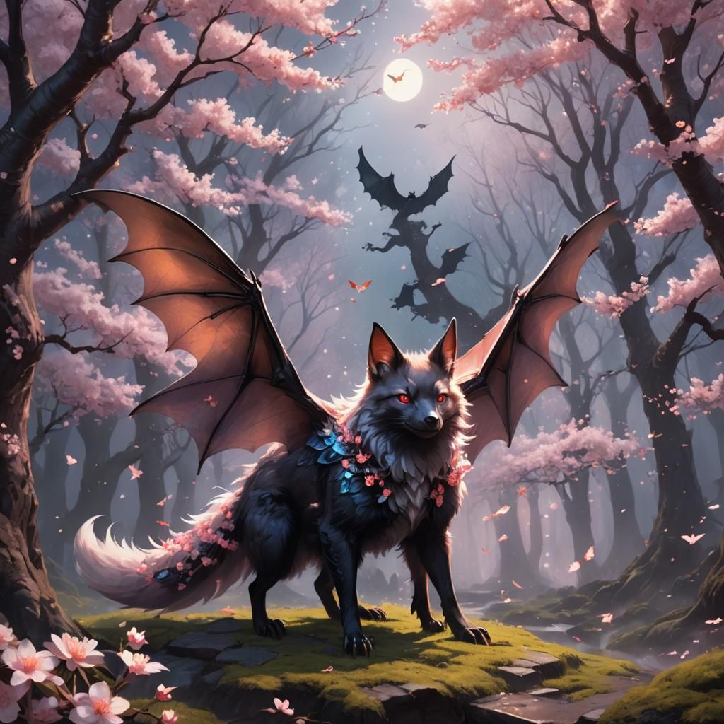 Bat and Kitsune Hybrid in Mystical Forest