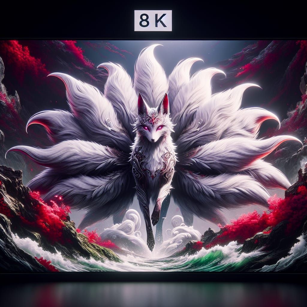 Elegant Nine-Tailed Kitsune in White and Red