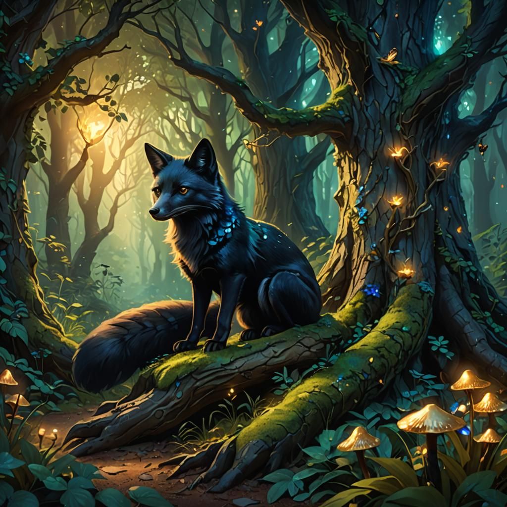 Mystical Black Fox in Enchanted Forest