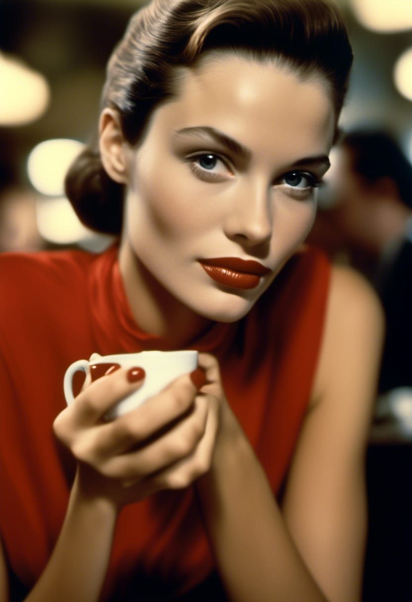Photorealistic Portrait: Woman Enjoying Tea in Cafe