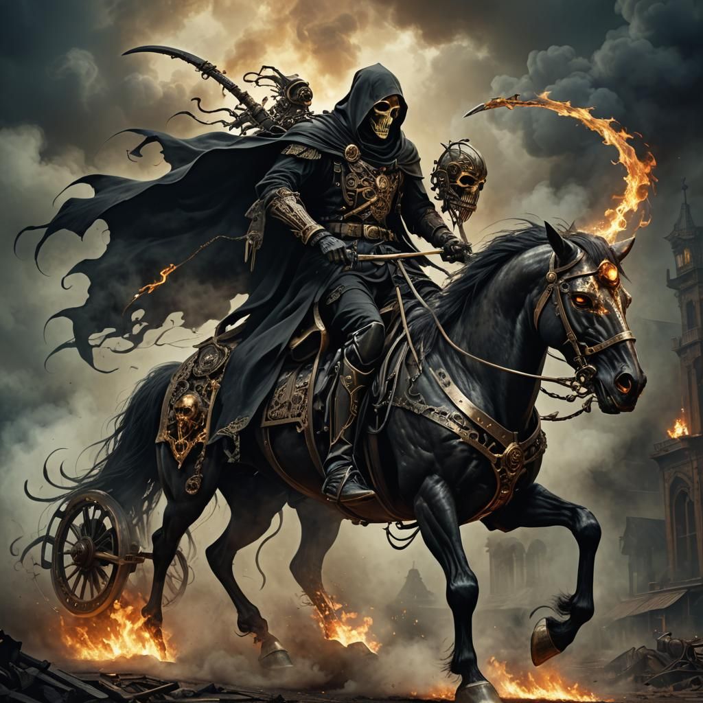 Grim Reaper on Steampunk Horse in Gothic Fantasy Art