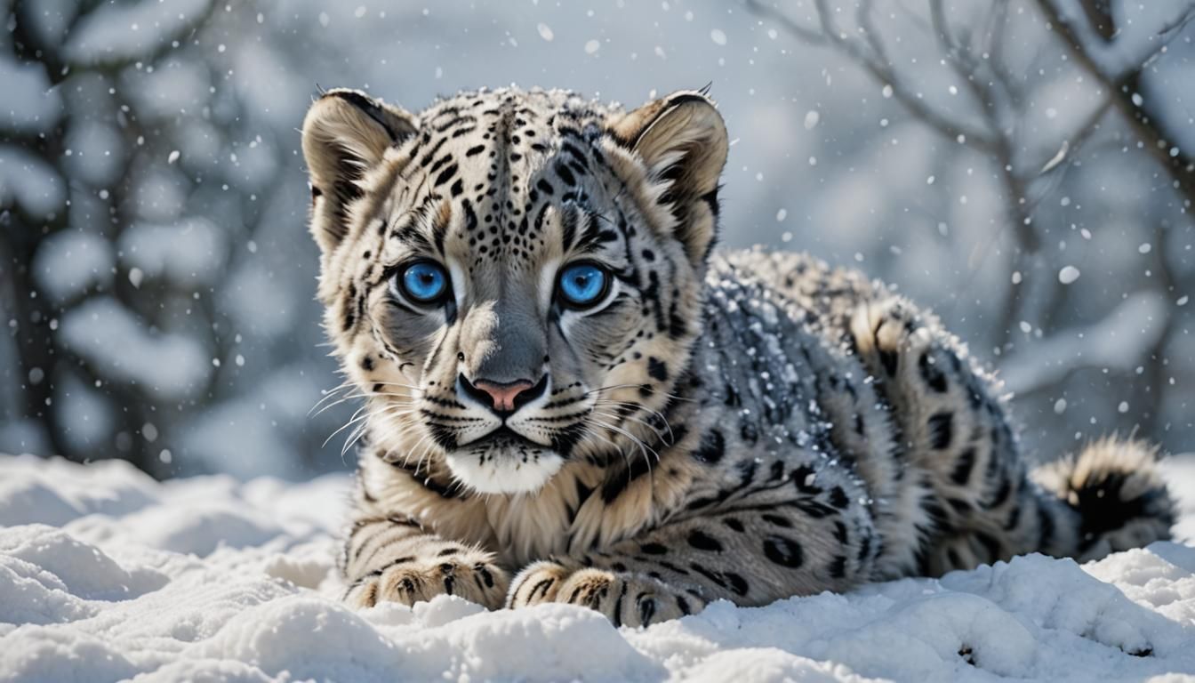 Photorealistic Snow Leopard with Robotic Blue Eyes