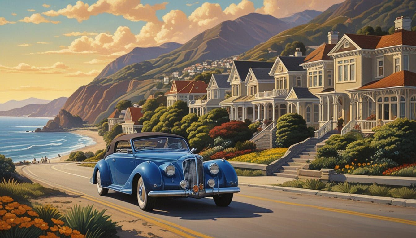 Classic Art Deco Automobile Speeds Along Pacific Coast Highw...