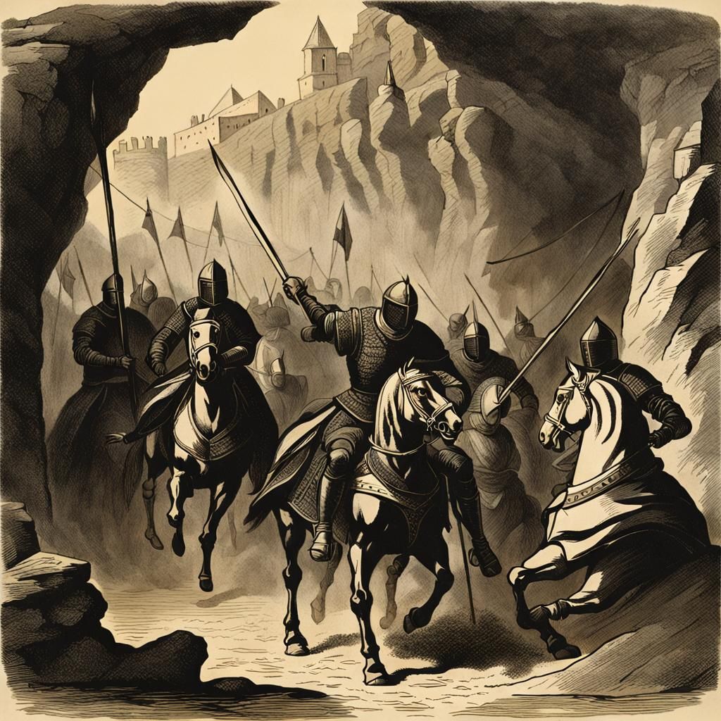 Renaissance Horsemen Jousting in Dark Cave